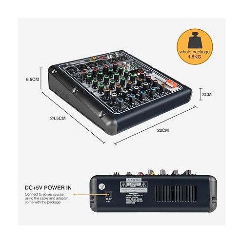  Phenyx Pro PRX-100 Audio Mixer, Compact 4+2 Channels Mixing Console with 3-Band EQ, USB Recording Interface, Bluetooth, 48V Phantom Power, suitable for Home Recording, Webcast, K Song