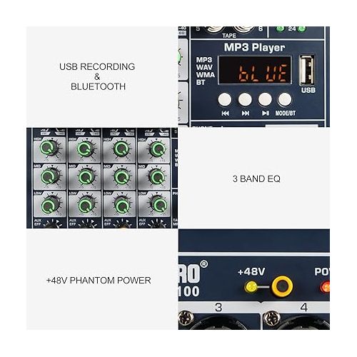  Phenyx Pro PRX-100 Audio Mixer, Compact 4+2 Channels Mixing Console with 3-Band EQ, USB Recording Interface, Bluetooth, 48V Phantom Power, suitable for Home Recording, Webcast, K Song