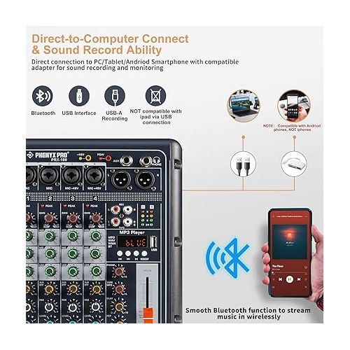  Phenyx Pro PRX-100 Audio Mixer, Compact 4+2 Channels Mixing Console with 3-Band EQ, USB Recording Interface, Bluetooth, 48V Phantom Power, suitable for Home Recording, Webcast, K Song