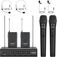 Phenyx Pro Wireless Microphone System, 4-Channel VHF Wireless Microphone Set with 2 Handhelds/2 Bodypacks/2 Lapels/ 2 Headset, Metal Receiver, Suitable for Church, Meeting, Conference(PTV-2000B)