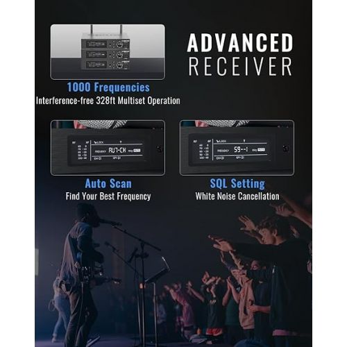  Phenyx Pro True Diversity Wireless Microphone System w/ 1000 Tunable Channels, Single Cordless Microphone Set w/Auto Scan, UHF Professional Dynamic Microphone for Singing, Stage & Studio (PTU-1U)