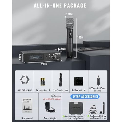  Phenyx Pro True Diversity Wireless Microphone System w/ 1000 Tunable Channels, Single Cordless Microphone Set w/Auto Scan, UHF Professional Dynamic Microphone for Singing, Stage & Studio (PTU-1U)