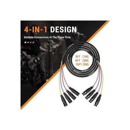  Phenyx Pro XLR Snake Cable, Color-Coded 4-Channel XLR Male to XLR Female Patch Cable w/OFC Copper, Balanced Microphone Cable for Mixers, IEM & Mic Systems (Length: 10ft)