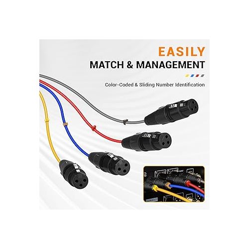  Phenyx Pro XLR Snake Cable, Color-Coded 4-Channel XLR Male to XLR Female Patch Cable w/OFC Copper, Balanced Microphone Cable for Mixers, IEM & Mic Systems (Length: 10ft)