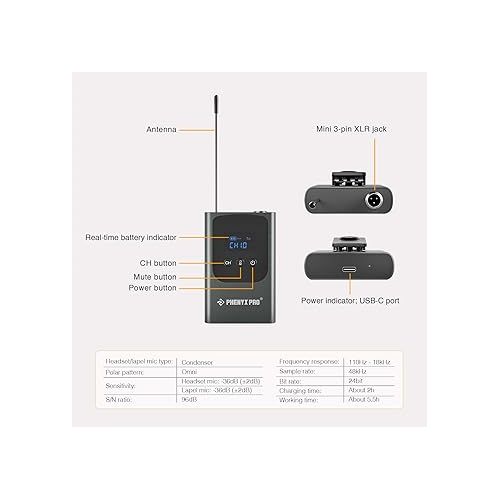  Phenyx Pro Portable Bodypack Transmitter, 900 MHz UHF Bodypack with 3-Pin XLR and 15 Selectable Frequencies, Compatible with PDP-1/2 in 900MHz UHF Band (PWB-P-900)