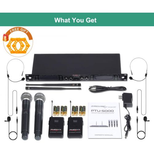  [아마존 핫딜]  [아마존핫딜]Phenyx Pro 4-Channel UHF Wireless Microphone System, Cordless Mic Set with Handheld/Lapel/Headset/Bodypack, Rugged Metal Build, Fixed Frequency, Long Range, Ideal for Karaoke,Churc