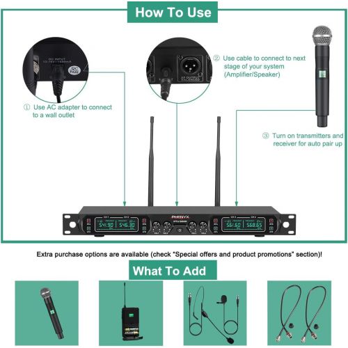  [아마존 핫딜]  [아마존핫딜]Phenyx Pro 4-Channel UHF Wireless Microphone System, Cordless Mic Set with Handheld/Lapel/Headset/Bodypack, Rugged Metal Build, Fixed Frequency, Long Range, Ideal for Karaoke,Churc