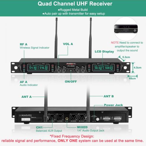  [아마존 핫딜]  [아마존핫딜]Phenyx Pro 4-Channel UHF Wireless Microphone System, Cordless Mic Set with Handheld/Lapel/Headset/Bodypack, Rugged Metal Build, Fixed Frequency, Long Range, Ideal for Karaoke,Churc