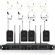 Wireless Microphone System, Phenyx Pro Quad Channel Cordless Mic Set with Four Bodypacks and Headsets/Lapels, 4x40 Channels, Auto Scan,328ft Coverage, Ideal for DJ, Church,Events(P