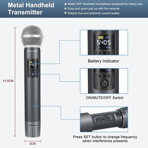  Phenyx Pro UHF Wireless Handheld Microphone System, 30 Adjustable Frequencies Cordless Mic Sets with Case, All Metal Build, 200ft Coverage, Ideal for Home Karaoke, Weddings, DJ, Ch