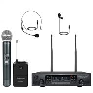 Wireless Microphone System, Phenyx Pro Dual Channel Cordless Mic Set with Handheld/Bodypack/Headset/Lapel, 2x100 Channels, Auto Scan, Lock Function, 328ft Coverage, Ideal for Event