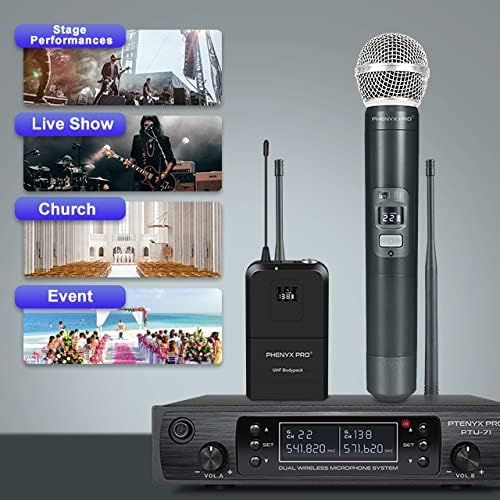  Wireless Microphone System, Phenyx Pro Dual Channel Cordless Mic Set with Handheld/Bodypack/Headset/Lapel, 2x100 Channels, Auto Scan, Lock Function, 328ft Coverage, Ideal for Event