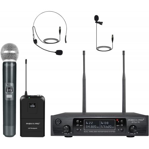  Wireless Microphone System, Phenyx Pro Dual Channel Cordless Mic Set with Handheld/Bodypack/Headset/Lapel, 2x100 Channels, Auto Scan, Lock Function, 328ft Coverage, Ideal for Event