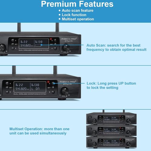  Wireless Microphone System, Phenyx Pro Dual Channel Cordless Mic Set with Handheld/Bodypack/Headset/Lapel, 2x100 Channels, Auto Scan, Lock Function, 328ft Coverage, Ideal for Event