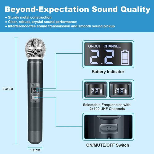  Wireless Microphone System, Phenyx Pro Dual Channel Cordless Mic Set with Handheld/Bodypack/Headset/Lapel, 2x100 Channels, Auto Scan, Lock Function, 328ft Coverage, Ideal for Event