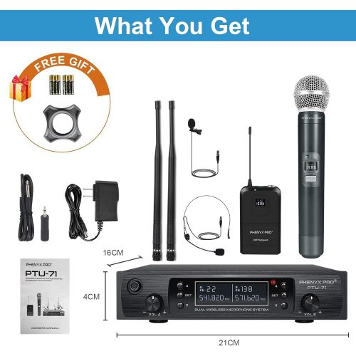  Wireless Microphone System, Phenyx Pro Dual Channel Cordless Mic Set with Handheld/Bodypack/Headset/Lapel, 2x100 Channels, Auto Scan, Lock Function, 328ft Coverage, Ideal for Event