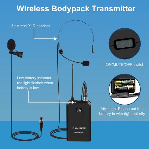  Wireless Microphone System, Phenyx Pro Dual Channel Cordless Mic Set with Handheld/Bodypack/Headset/Lapel, 2x100 Channels, Auto Scan, Lock Function, 328ft Coverage, Ideal for Event