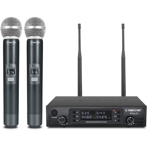  Wireless Microphone System, Phenyx Pro Dual Channel Cordless Mic Set with 2 Handhelds, 2x100 Channels, Auto Scan, Lock Function, 328ft Coverage, Ideal for DJ, Church, Events (PTU-7