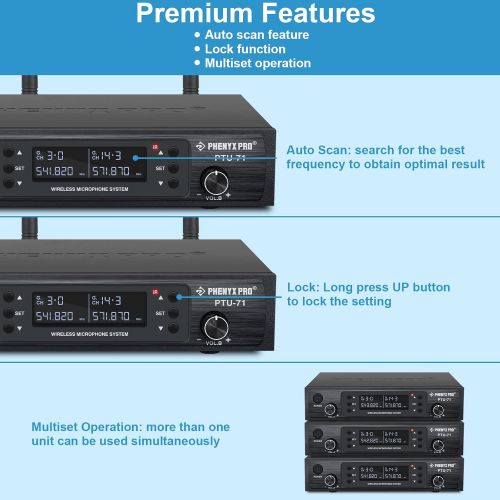  Wireless Microphone System, Phenyx Pro Dual Channel Cordless Mic Set with 2 Handhelds, 2x100 Channels, Auto Scan, Lock Function, 328ft Coverage, Ideal for DJ, Church, Events (PTU-7