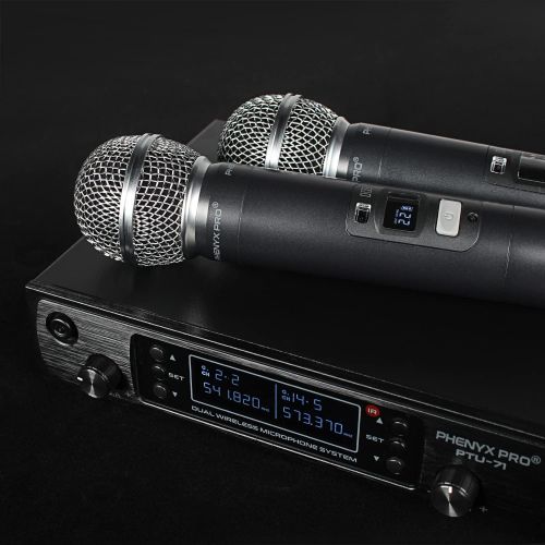  Wireless Microphone System, Phenyx Pro Dual Channel Cordless Mic Set with 2 Handhelds, 2x100 Channels, Auto Scan, Lock Function, 328ft Coverage, Ideal for DJ, Church, Events (PTU-7