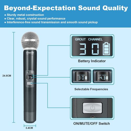  Wireless Microphone System, Phenyx Pro Dual Channel Cordless Mic Set with 2 Handhelds, 2x100 Channels, Auto Scan, Lock Function, 328ft Coverage, Ideal for DJ, Church, Events (PTU-7