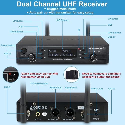  Wireless Microphone System, Phenyx Pro Dual Channel Cordless Mic Set with 2 Handhelds, 2x100 Channels, Auto Scan, Lock Function, 328ft Coverage, Ideal for DJ, Church, Events (PTU-7