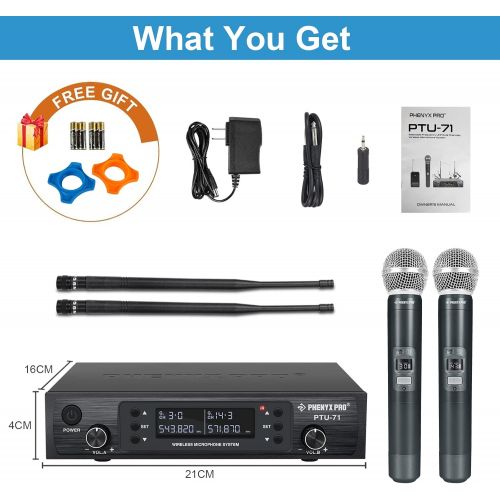  Wireless Microphone System, Phenyx Pro Dual Channel Cordless Mic Set with 2 Handhelds, 2x100 Channels, Auto Scan, Lock Function, 328ft Coverage, Ideal for DJ, Church, Events (PTU-7