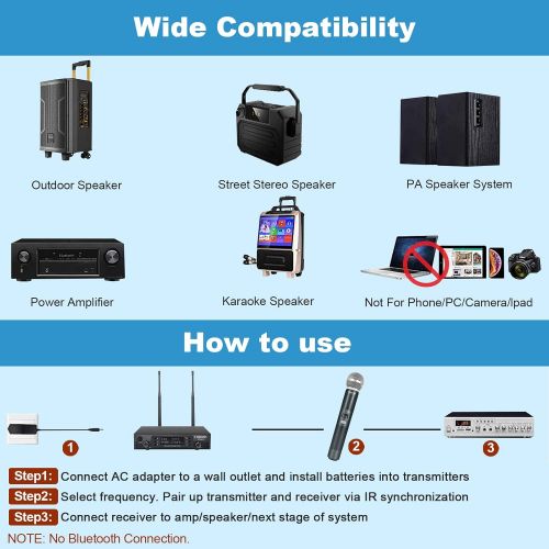  Wireless Microphone System, Phenyx Pro Dual Channel Cordless Mic Set with 2 Handhelds, 2x100 Channels, Auto Scan, Lock Function, 328ft Coverage, Ideal for DJ, Church, Events (PTU-7