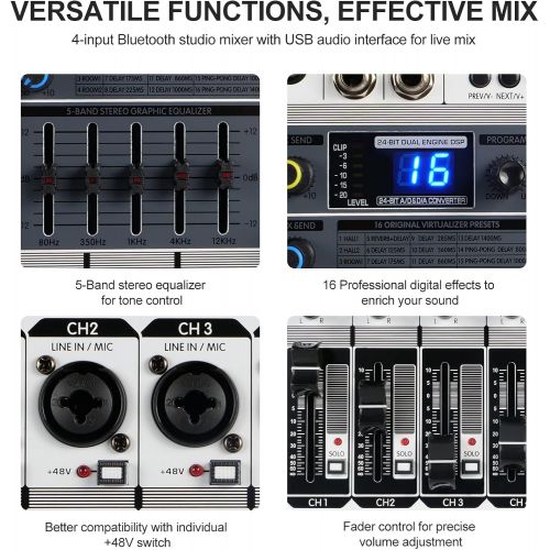  Professional Audio Mixer, Phenyx Pro PTX-15 Mixing Console, 4 Channels, USB Input, Stereo Equalizer W/ 16 Echo Effects, Ideal for Stage, Live Gigs, and Karaoke （PTX-15A)