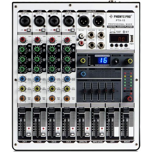  Professional Audio Mixer, Phenyx Pro PTX-15 Mixing Console, 4 Channels, USB Input, Stereo Equalizer W/ 16 Echo Effects, Ideal for Stage, Live Gigs, and Karaoke （PTX-15A)