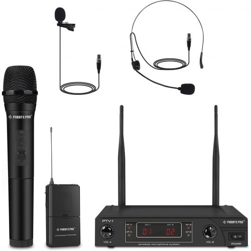  [아마존베스트]Wireless Microphone System, Phenyx Pro VHF Cordless Mic Set With 1 Handheld+1 Headset+1 Lapel+1 Bodypack, Stable Signal, Long Range, Best for Presentation, Interview, Church, Weddi