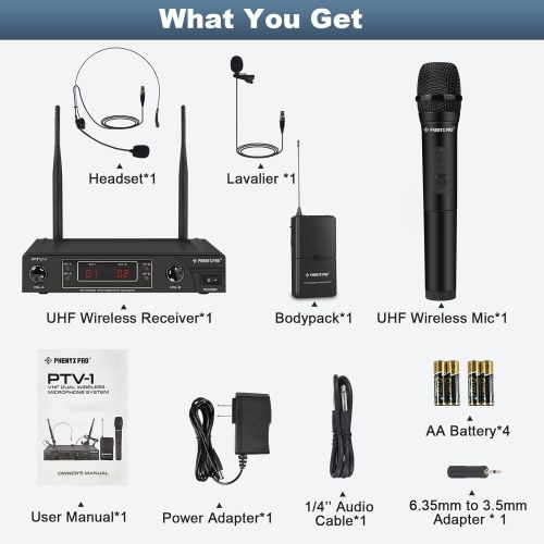  [아마존베스트]Wireless Microphone System, Phenyx Pro VHF Cordless Mic Set With 1 Handheld+1 Headset+1 Lapel+1 Bodypack, Stable Signal, Long Range, Best for Presentation, Interview, Church, Weddi