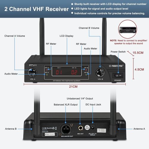  [아마존베스트]Wireless Microphone System, Phenyx Pro VHF Cordless Mic Set With 1 Handheld+1 Headset+1 Lapel+1 Bodypack, Stable Signal, Long Range, Best for Presentation, Interview, Church, Weddi