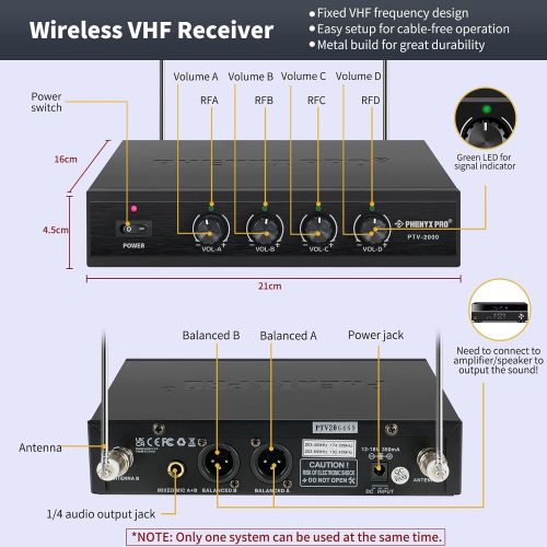  4 Channel VHF Wireless Microphone, Phenyx Pro 4-Channel Wireless Microphone System with 4 Handheld Mics, Metal Receiver, Long Distance Operation, Ideal for Church, Party, Outdoor E