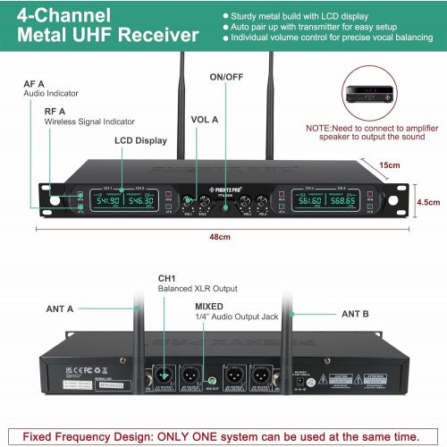  Wireless Microphone System, Phenyx Pro 4-Channel UHF Cordless Mic Set With Four Handheld Mics, All Metal Build, Fixed Frequency, Long Range 260ft, Ideal for Church,Karaoke,Weddings