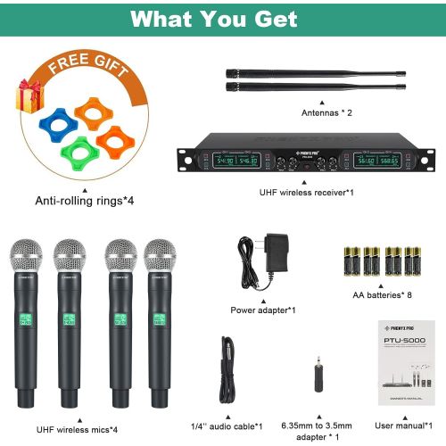  Wireless Microphone System, Phenyx Pro 4-Channel UHF Cordless Mic Set With Four Handheld Mics, All Metal Build, Fixed Frequency, Long Range 260ft, Ideal for Church,Karaoke,Weddings