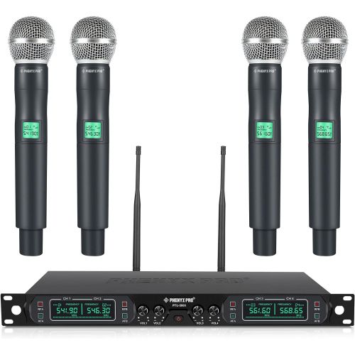  Wireless Microphone System, Phenyx Pro 4-Channel UHF Cordless Mic Set With Four Handheld Mics, All Metal Build, Fixed Frequency, Long Range 260ft, Ideal for Church,Karaoke,Weddings