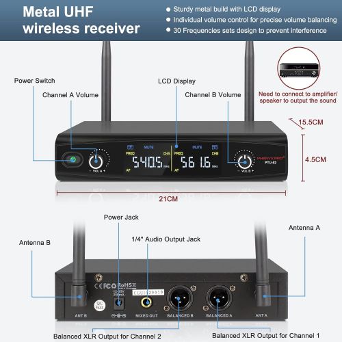 Phenyx Pro UHF Wireless Handheld Microphone System, 30 Adjustable Frequencies Cordless Mic Sets with Case, All Metal Build, 200ft Coverage, Ideal for Home Karaoke, Weddings, DJ, Ch