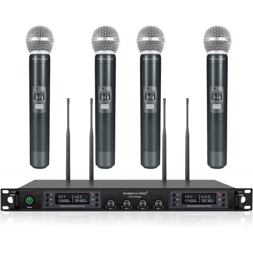  Wireless Microphone System, Phenyx Pro Quad Channel Cordless Mic Set with Metal Handheld Mics, 4x40 Channels, Auto Scan, Long Distance 328ft, Ideal for DJ, Church, Outdoor Events (