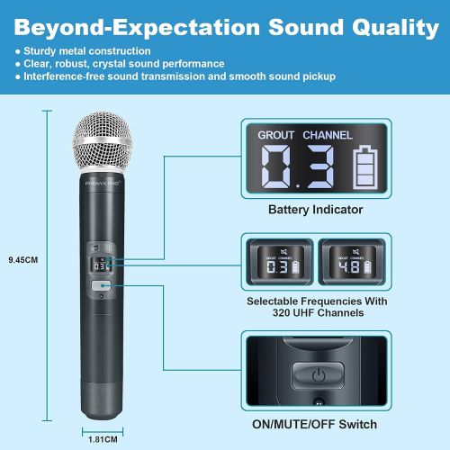  Wireless Microphone System, Phenyx Pro Quad Channel Cordless Mic Set with Metal Handheld Mics, 4x40 Channels, Auto Scan, Long Distance 328ft, Ideal for DJ, Church, Outdoor Events (