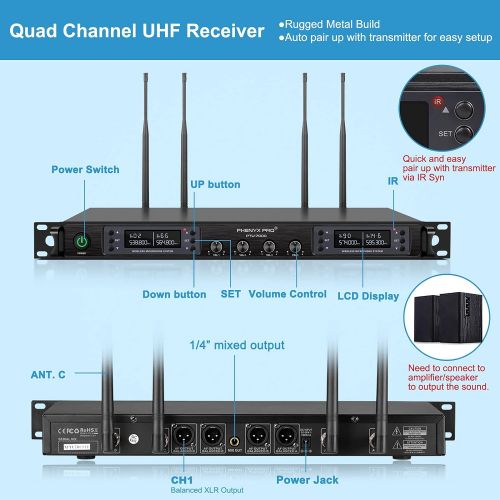  Wireless Microphone System, Phenyx Pro Quad Channel Cordless Mic Set with Metal Handheld Mics, 4x40 Channels, Auto Scan, Long Distance 328ft, Ideal for DJ, Church, Outdoor Events (