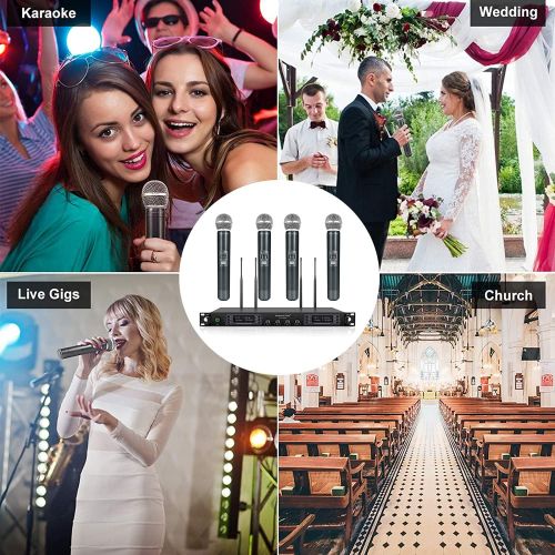  Wireless Microphone System, Phenyx Pro Quad Channel Cordless Mic Set with Metal Handheld Mics, 4x40 Channels, Auto Scan, Long Distance 328ft, Ideal for DJ, Church, Outdoor Events (