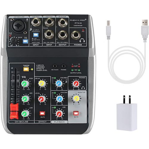  [아마존베스트]Phenyx Pro USB Audio Interface Mixer, 4-Channel, 3-Band EQ, Echo Effects, Audio Mixer with Interface to PC for Music Recording, Ideal for Live Streaming, Recording (PTX-10)