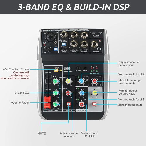  [아마존베스트]Phenyx Pro USB Audio Interface Mixer, 4-Channel, 3-Band EQ, Echo Effects, Audio Mixer with Interface to PC for Music Recording, Ideal for Live Streaming, Recording (PTX-10)