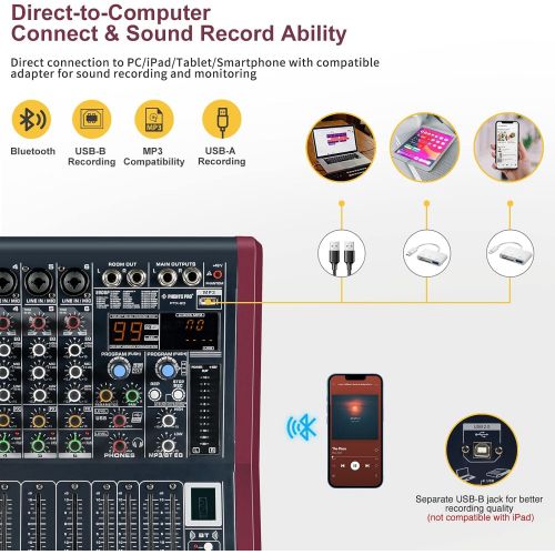  [아마존베스트]6-Channel Professional Audio Mixer, Phenyx Pro Sound Board w/ 3-Band EQ, Build-in 99 DSP Effects, BT Function, Recording to USB Drive, Ideal For Studio, Stage, Karaoke (PTX-20)