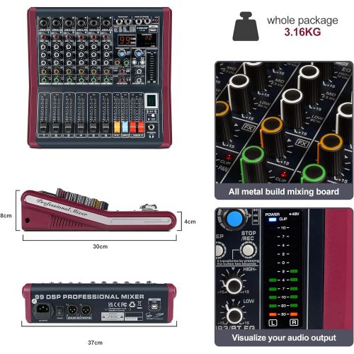  [아마존베스트]6-Channel Professional Audio Mixer, Phenyx Pro Sound Board w/ 3-Band EQ, Build-in 99 DSP Effects, BT Function, Recording to USB Drive, Ideal For Studio, Stage, Karaoke (PTX-20)