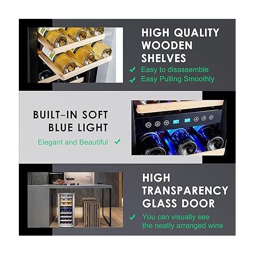  Phiestina Wine Cooler Refrigerator 16 inch Wine Refrigerator 33 Bottles Dual Zones Mini Wine Fridge Auto Defrost Temperature Memory Glass Door 7 Removable Shelves Quiet for Home Bar Office