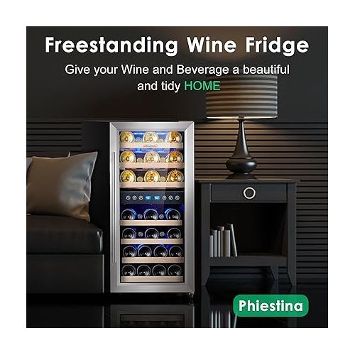  Phiestina Wine Cooler Refrigerator 16 inch Wine Refrigerator 33 Bottles Dual Zones Mini Wine Fridge Auto Defrost Temperature Memory Glass Door 7 Removable Shelves Quiet for Home Bar Office