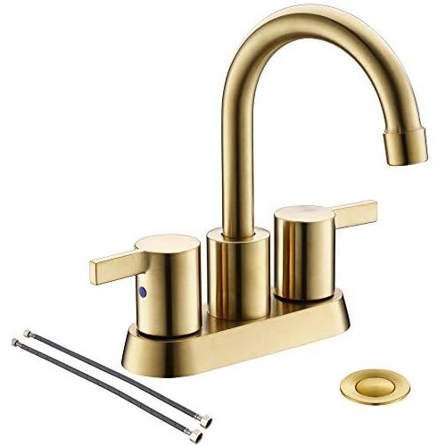  Phiestina Brushed Gold 4 Inch 2 Handle Centerset Lead-Free Bathroom Faucet, with Copper Pop Up Drain and Two Water Supply Lines, BF015-1-BG