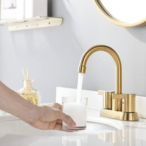  Phiestina Brushed Gold 4 Inch 2 Handle Centerset Lead-Free Bathroom Faucet, with Copper Pop Up Drain and Two Water Supply Lines, BF015-1-BG